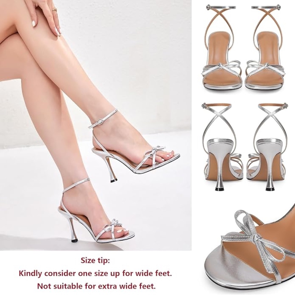 Iiimmuu Bow Heels 4 IN Stiletto Heeled Sandals for Women Silver Size 9